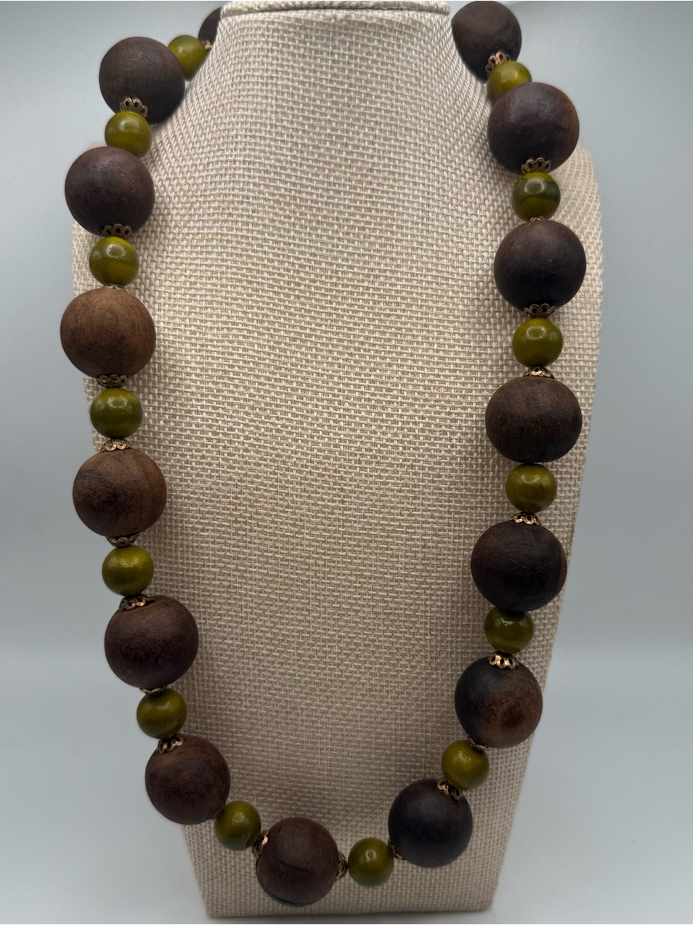 Handcrafted Olive and Dark Wood Bead Necklace